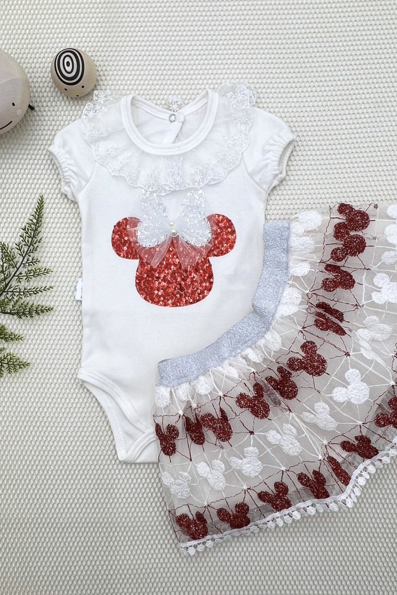 1-2-3 Yaş Payetli Mickey Nakışlı  Kısa Kollu Brode Etekli 2li Kız Bebek Takımı