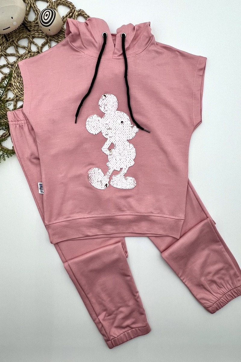 3-4-5 Yaş Kapşonlu Payetli Mickey Desenli Kısa Kol 2li Kız Erkek Çocuk Takımı