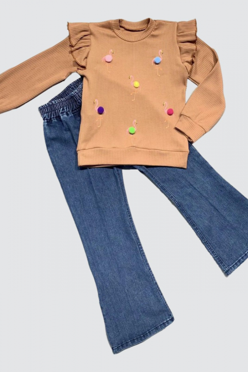 4-5-6 Yaş Kot Pantolonlu Flamingo Desenli Penye Sweat Uzun Kollu 2li Kız Çocuk Takımı