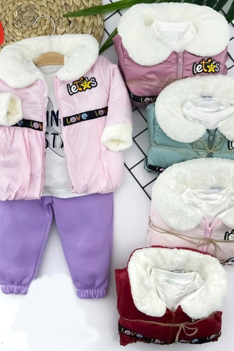 9-12-18-24 Ay Tüylü Yaka Manşet Mont Lastik Paça Pantolon Uzun Kollu Sweatli 3lü Kız Bebek Takımı