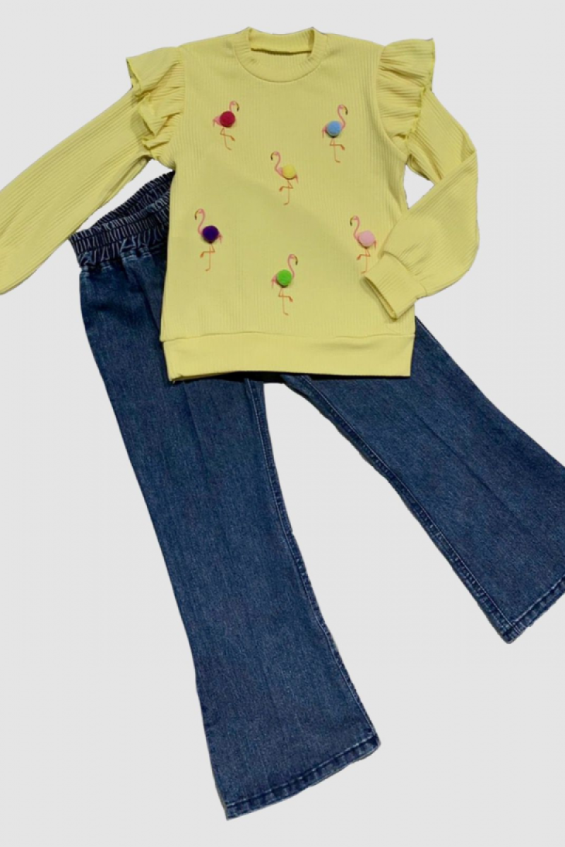 4-5-6 Yaş Kot Pantolonlu Flamingo Desenli Penye Sweat Uzun Kollu 2li Kız Çocuk Takımı
