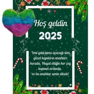 Yeni Yıl Kart Üzerinde Anahtarlık (Kişiye Özel Yazı Yazdırılabilir) Renkli Kalp