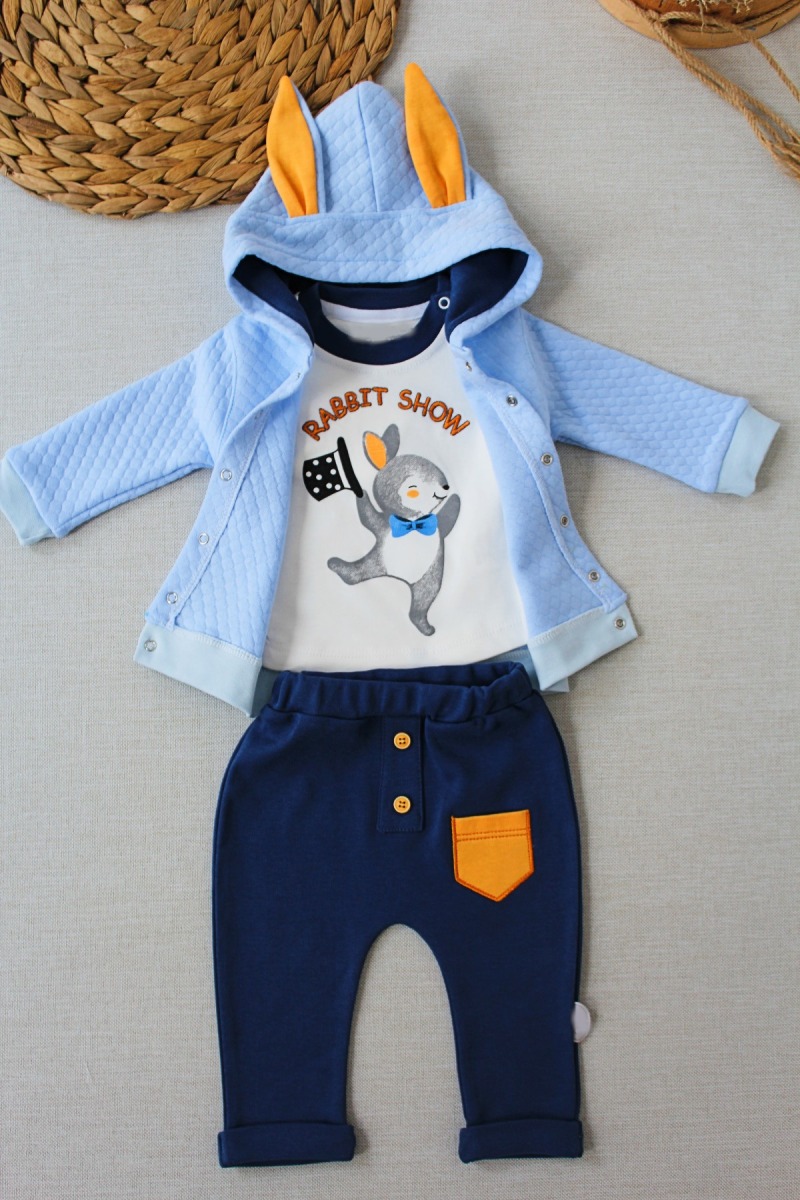 6-9-12 Ay Rabbit Şhow Nakışlı Kapşonlu Ceket Uzun Kollu Sweat Erkek Bebek 3lü Takım