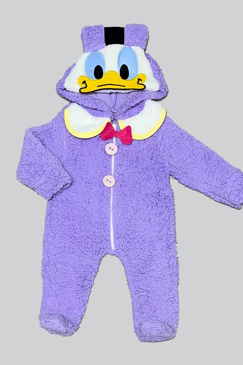3-6-9 Ay Kuzu Kumaş Minik Duffy Ördek Kapşonlu Fermuarlı Uzun Kollu Kız Erkek Bebek Tulumu