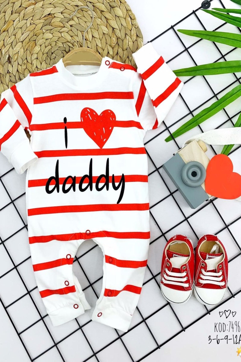 3-6-9-12 Ay Kırmızı Çizgili I Love Daddy Baskılı Uzun Kollu Kız Erkek Bebek Tulumu