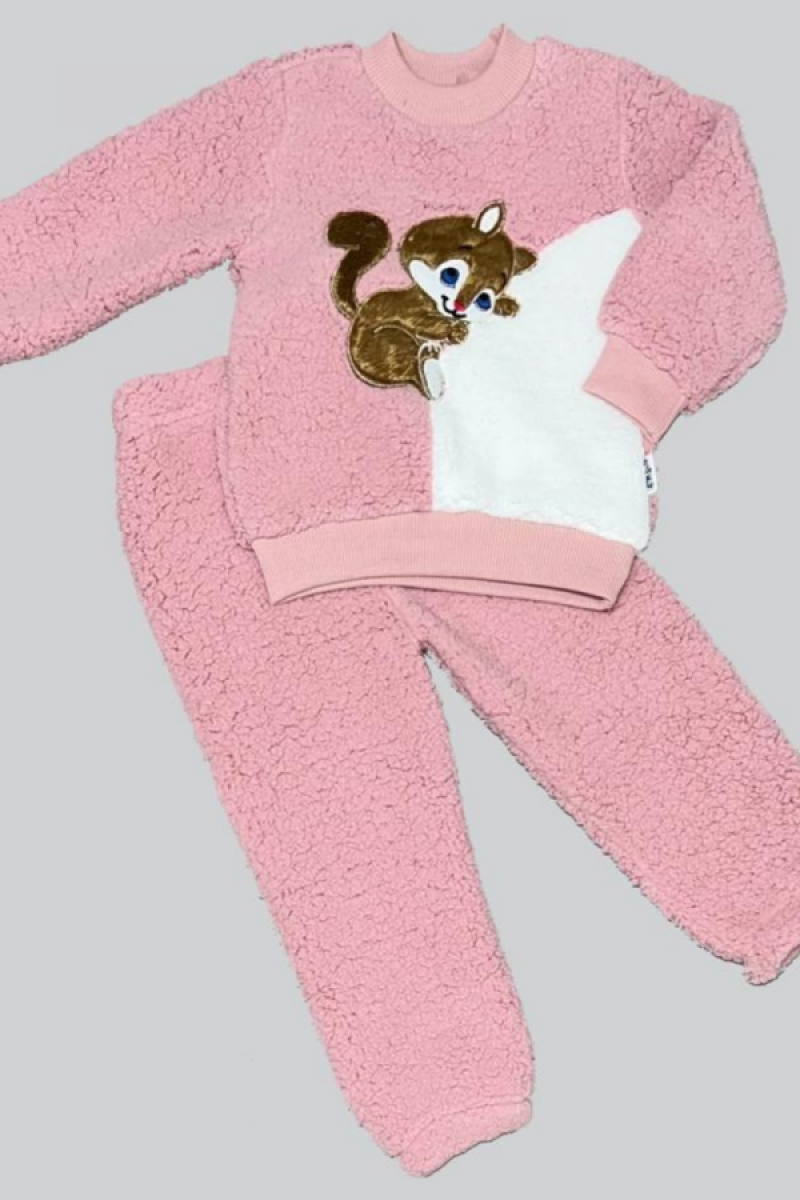 1-2-3 Yaş Masum Yavru Sincap Nakışlı Kuzu Kumaş Sweat Pantolon 2li Kız Erkek Bebek Takımı