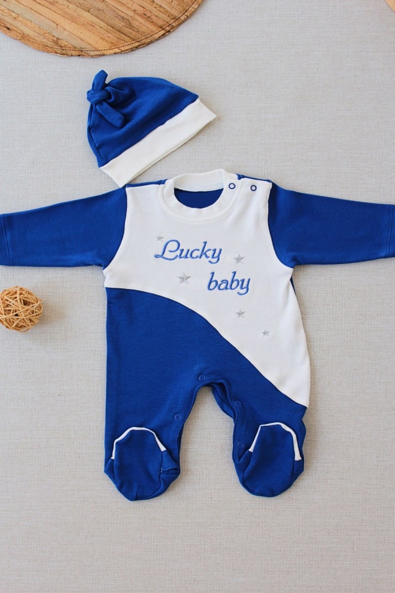 0-3 3-6 Ay Lucky Baby Nakışlı Es Çizgi Boy Şapkalı Erkek Bebek Tulumu