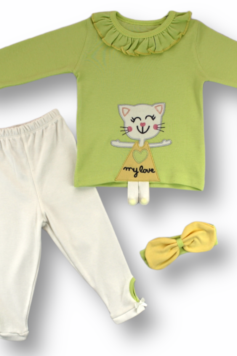 6-9 9-12 12-18 Ay Elbiseli Kedi Nakışlı Bandanalı Uzun Kollu Sweat 3lü Kız Bebek Takımı