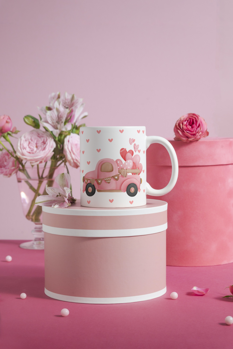 Sevgililer Günü Özel Kalp Ve Kamyonet Desenli Seramik 350 Ml Kupa Bardak