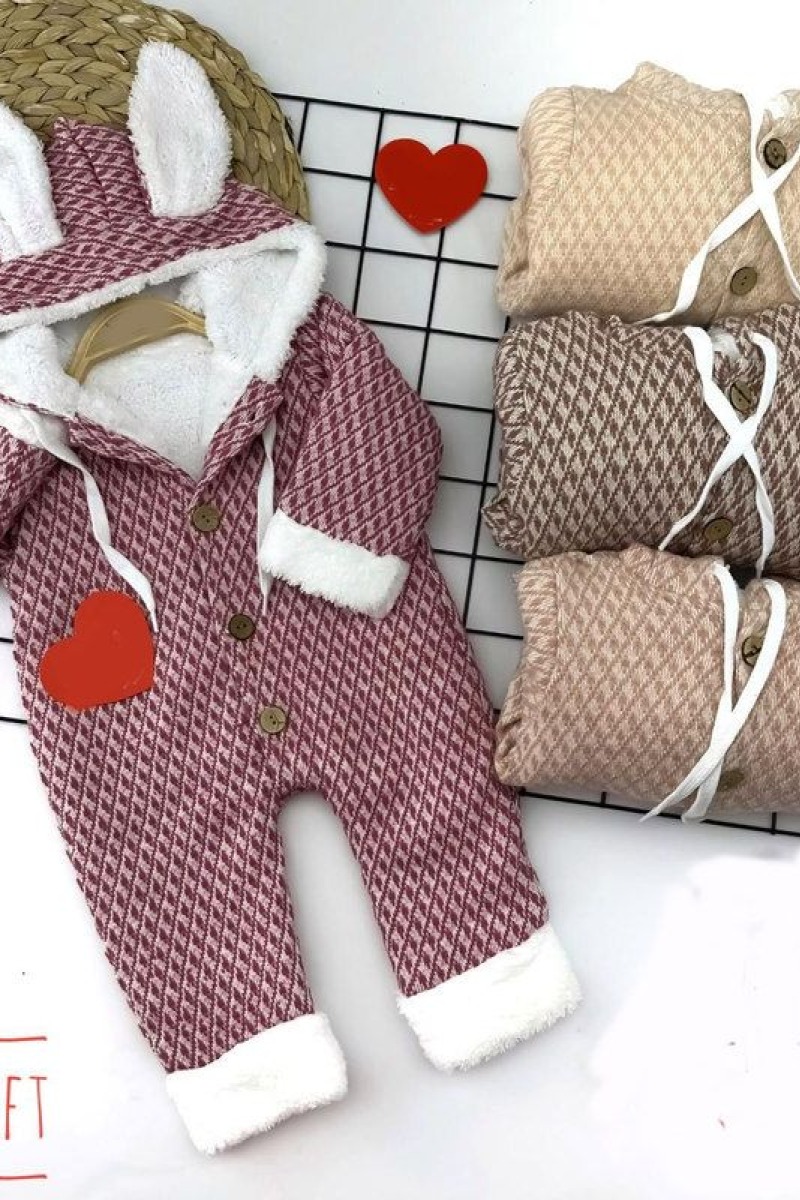 9-12-18-24 Ay Düğme Kapamalı Kapşonlu Motif Desenli Örme Kumaş Kız Erkek Bebek Tulumu