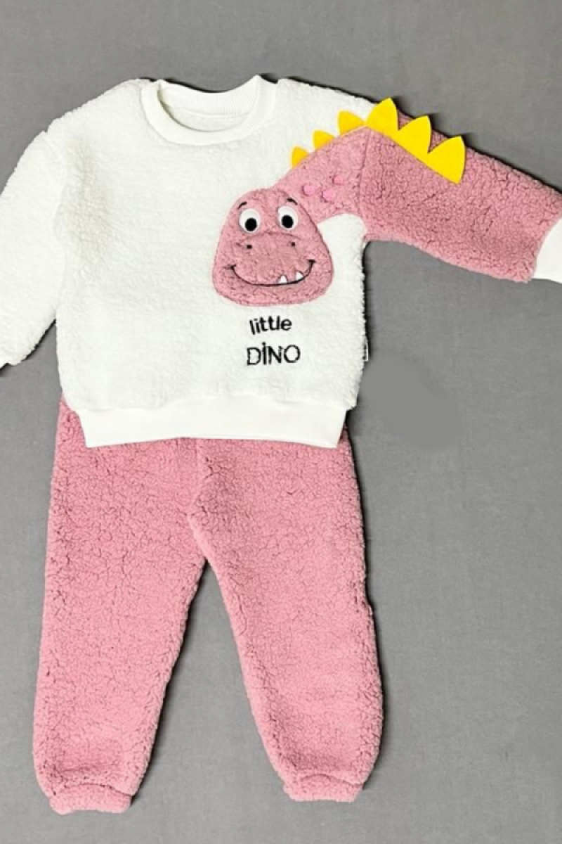 1-2-3 Yaş Minik Dino Kollu Kuzu Kumaş Sweat Pantolon Uzun Kollu Kız Erkek 2 Li Takımı