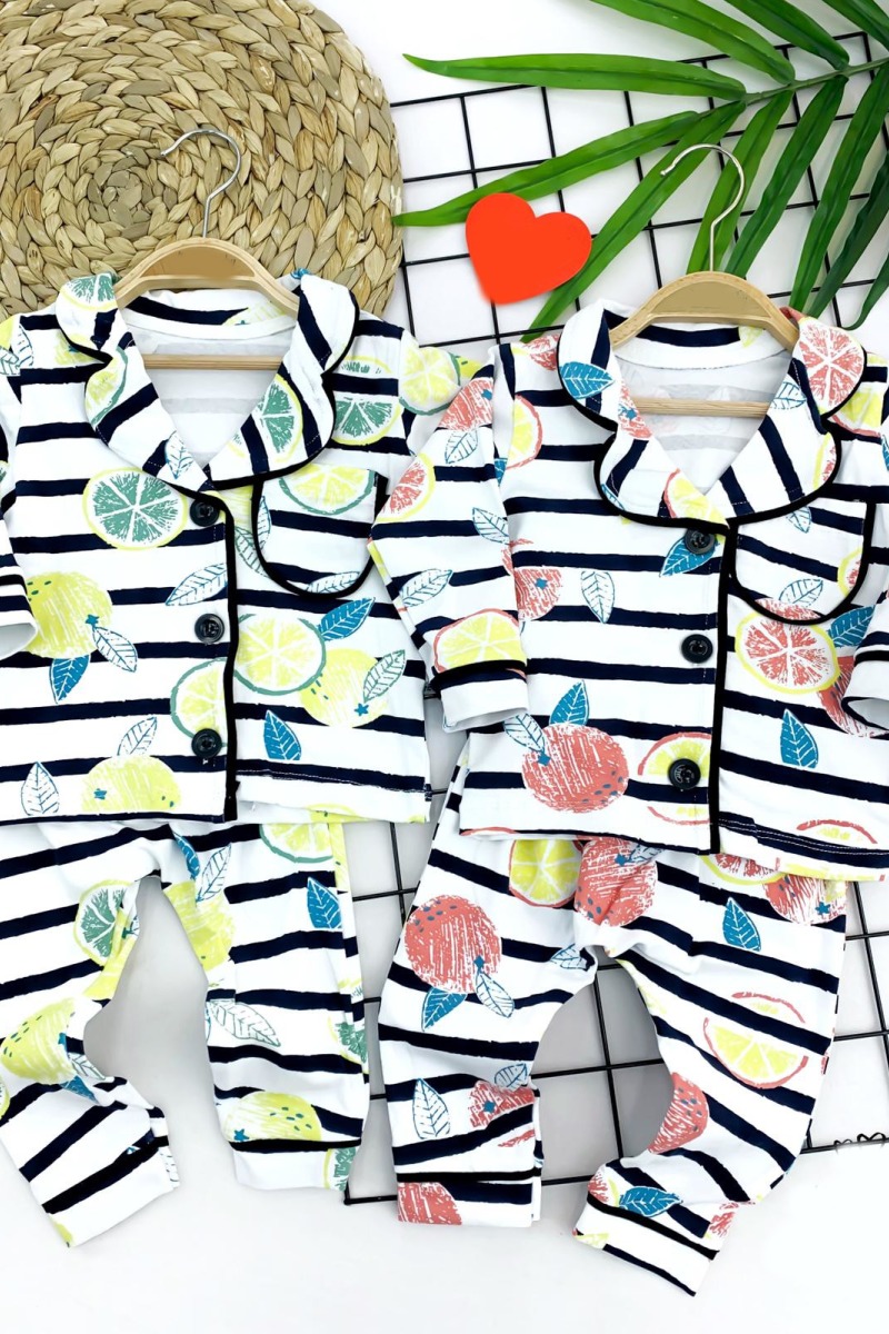 9-12-18-24 Ay Çizgili Meyve Desenli Düğme Kapamalı 2li Kız Erkek Bebek Pijama Takımı