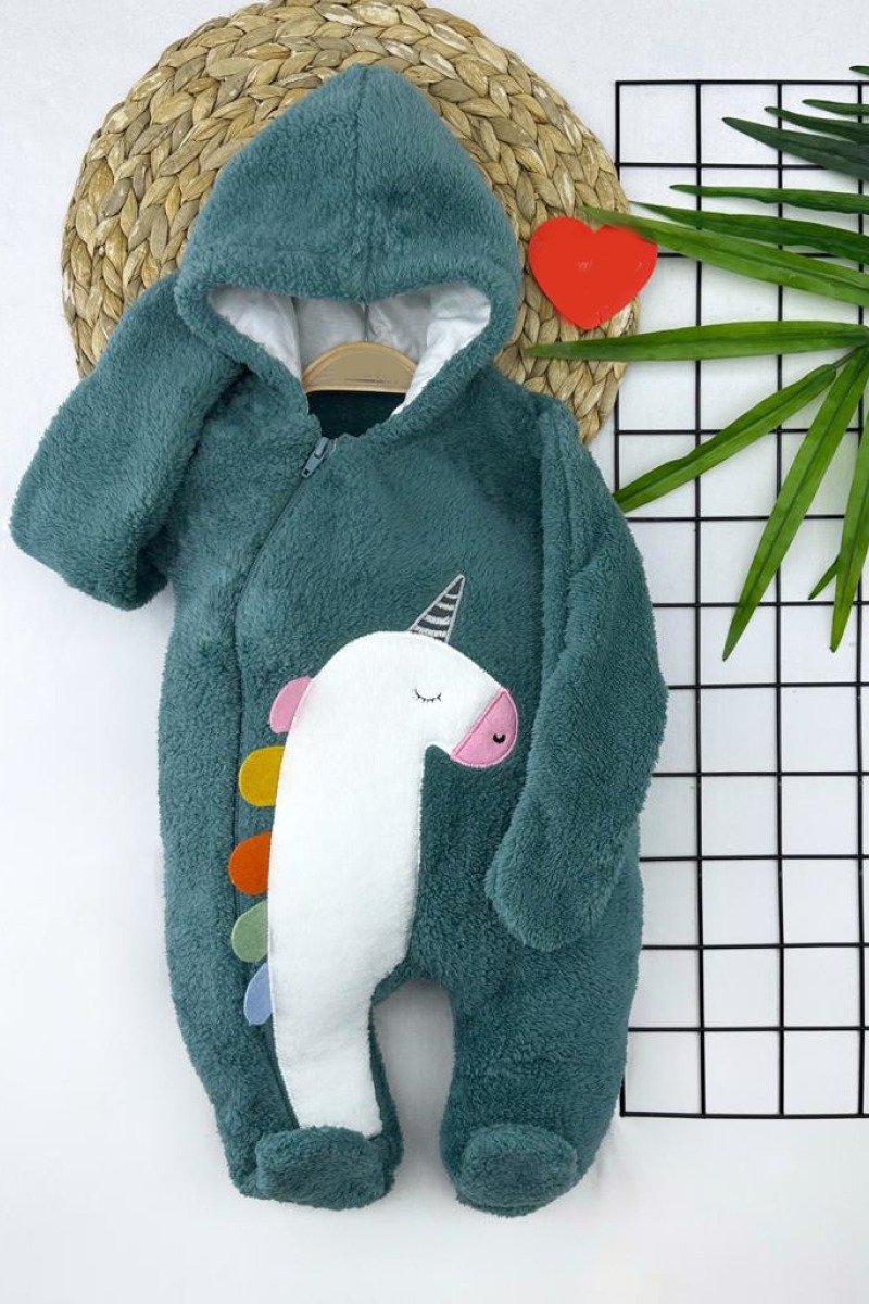 6-9-12-18 Ay Kuzu Tüylü Kumaş Unicorn Nakışlı Kapşonlu Fermuarlı Kız Erkek Bebek Tulumu