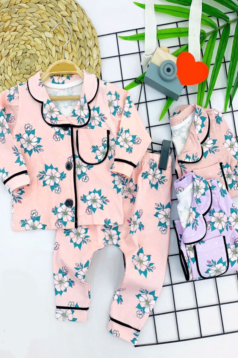 9-12-18-24 Ay Çiçek Baskılı Düğme Kapamalı 2li Kız Erkek Bebek Pijama Takımı