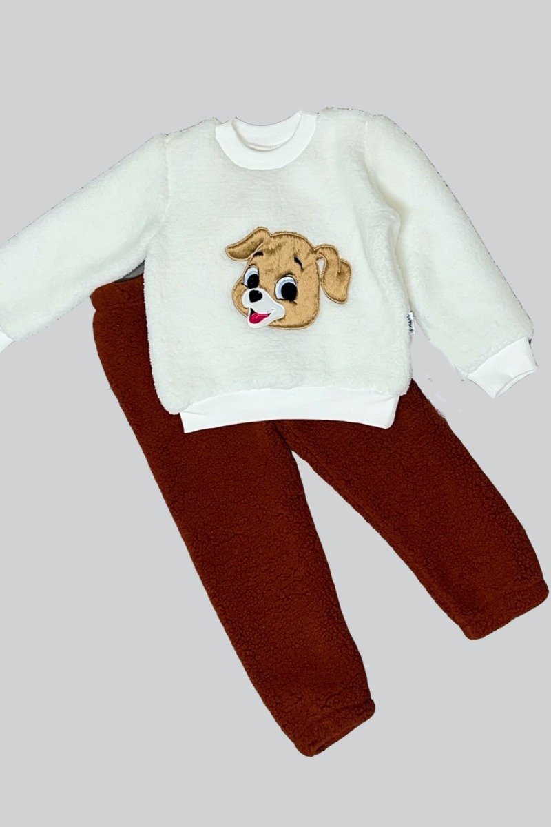 1-2-3 Yaş Mutlu Köpekcik Nakışlı Kuzu Kumaş Sweat Patili Pantolon Uzun Kollu Kız Erkek 2 Li Takımı