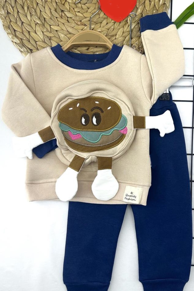 9-12-18-24 Ay Hamburger Figürlü Kendinden Çantalı 3 İp Kumaş 2li Kız Erkek Bebek Takımı