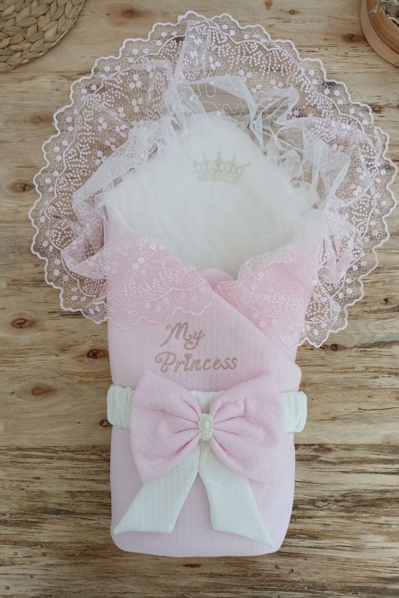 Bal Peteği My Princess Taç Nakış İnci Fiyonklu Dantel Duvaklı Delüks Kundak Bebek Battaniyesi