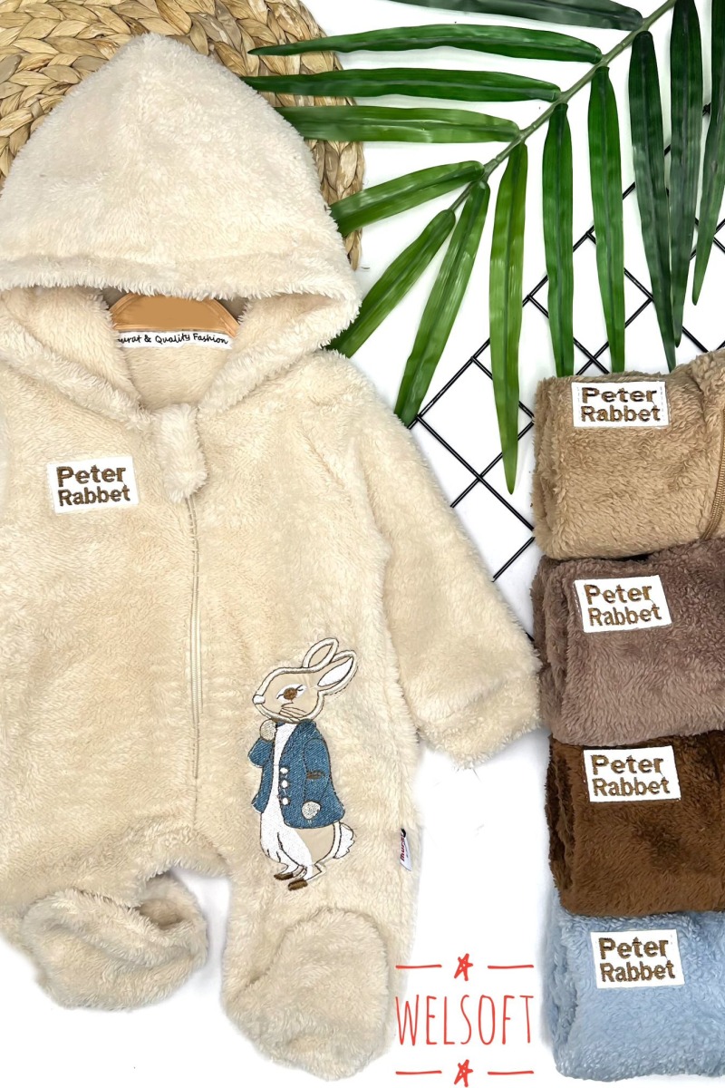 3-6-9-12 Ay Rabbit Tavşan Nakışlı Fermuar Kapamalı Patikli Tüylü Erkek Bebek Tulumu