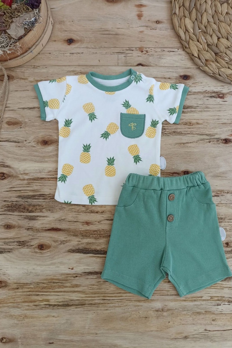 3-6 6-9 9-12 Ay Ananas Baskılı Şort Tişört 2 Li Kız Erkek Bebek Takımı