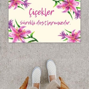 Dijital Baskı Dekoratif Zambak Pembe Kapı Önü Paspası K-1204