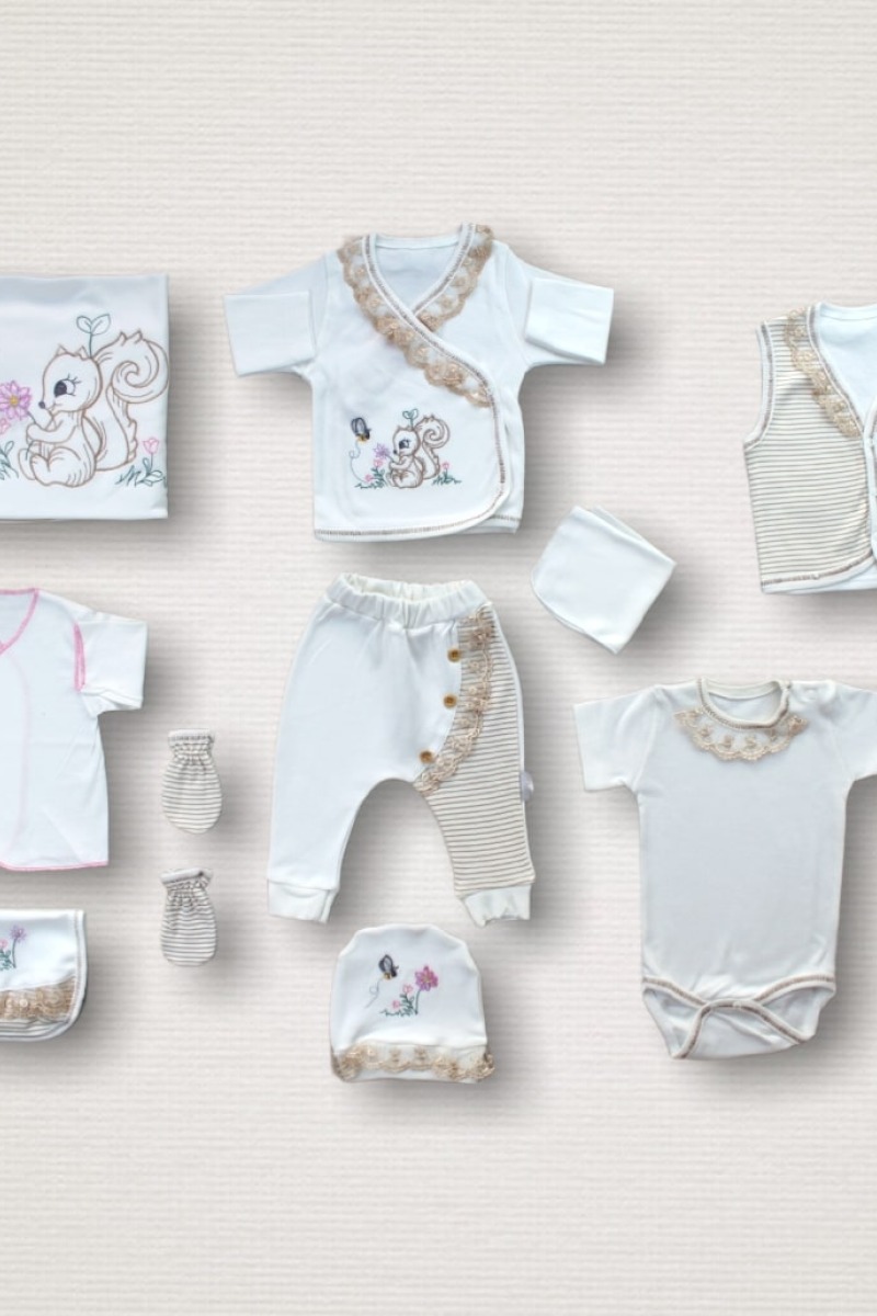 Minik Sincap Nakışlı %100 Cotton Antibakteriyel 10lu Zıbın Takımı Hastane Çıkışı