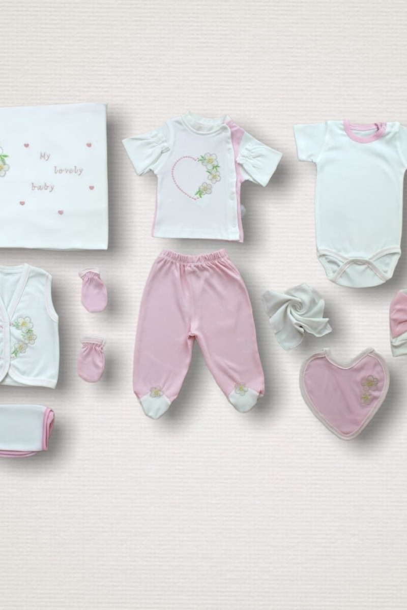 Baharın Çiçekli Kalbi Nakışlı %100 Cotton Antibakteriyel 10lu Zıbın Takımı Hastane Çıkışı