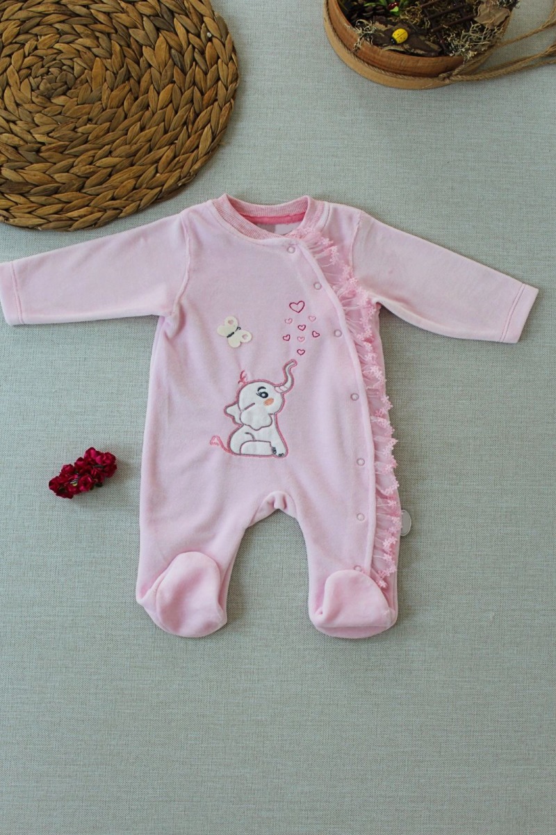 3-6 6-9 9-12 Ay Romantik Fil Nakışlı Pembe Süslü Kız Bebek Tulumu