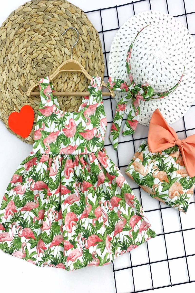 9-12-18-24 Ay Hasır Şapkalı Flamingo Desenli Askılı 2li Kız Bebek Elbisesi
