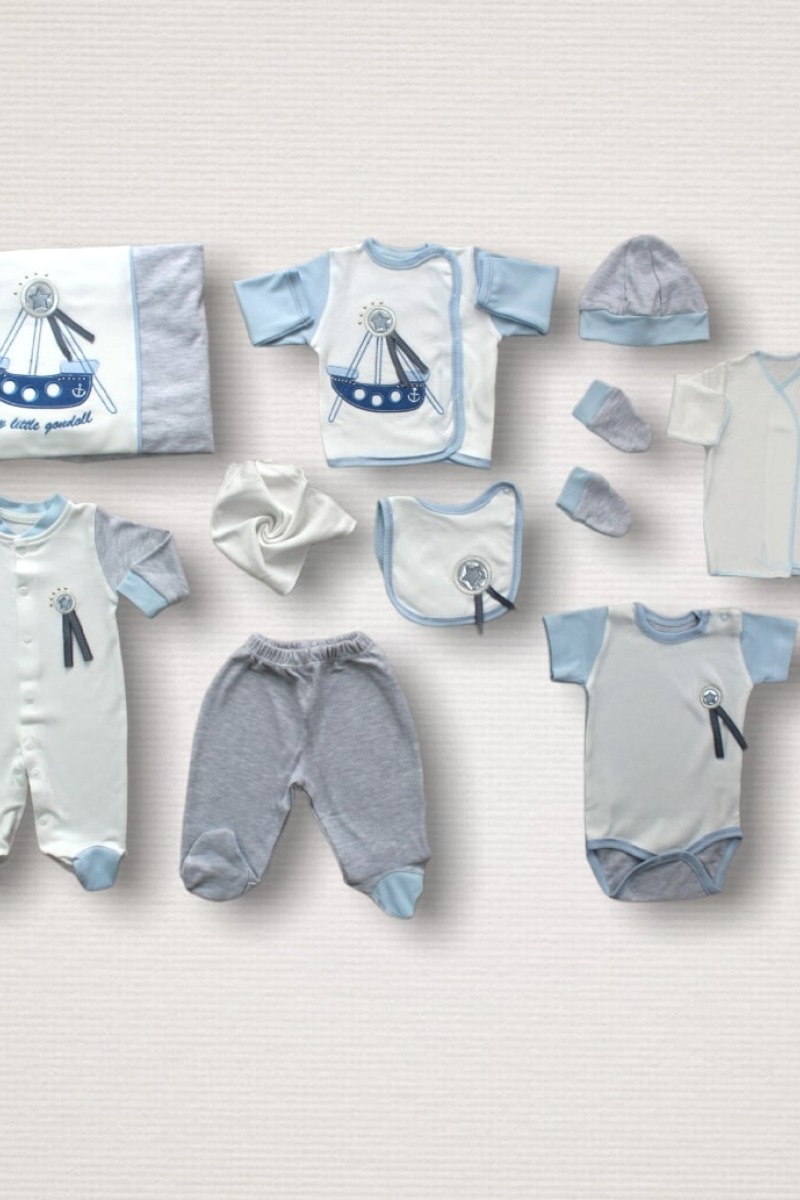 Gondol Gemi Nakışlı %100 Cotton Antibakteriyel 10lu Zıbın Takımı Hastane Çıkışı