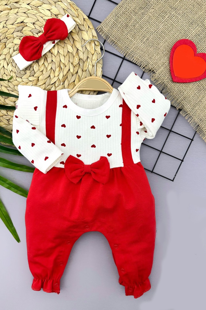 3-6-9-12 Ay Bandanalı Fiyonk Detaylı Salopet Görünümlü 2li Kız Bebek Tulumu