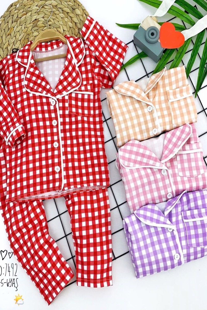 2-3-4-5 Yaş Düğme Kapamalı Piti Ekose Desenli 2li Kız Erkek Çocuk Pijama Takımı