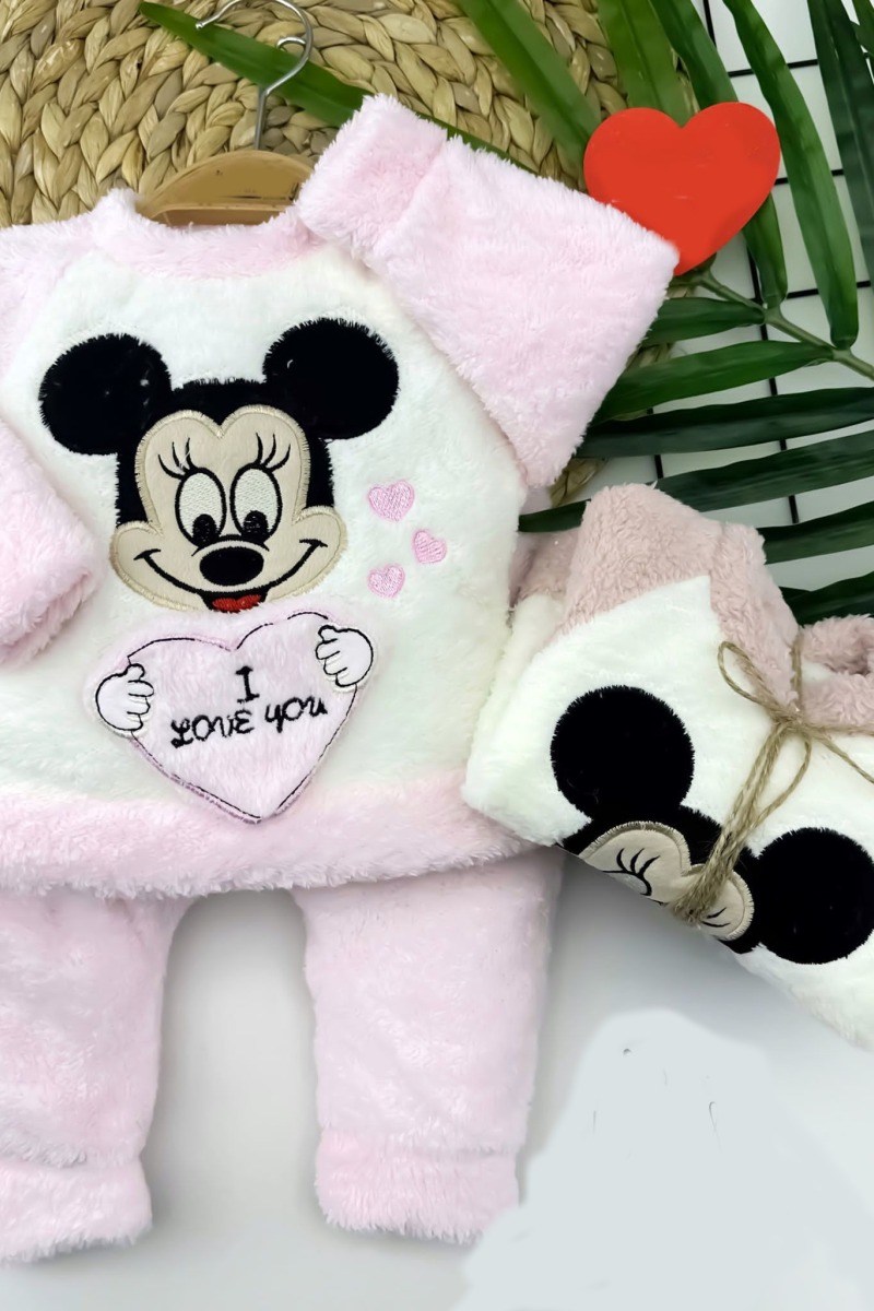 6-9-12-18 Ay Welsoft Kumaş Mickey Desenli Uzun Kollu 2li Kız Erkek Bebek Takımı