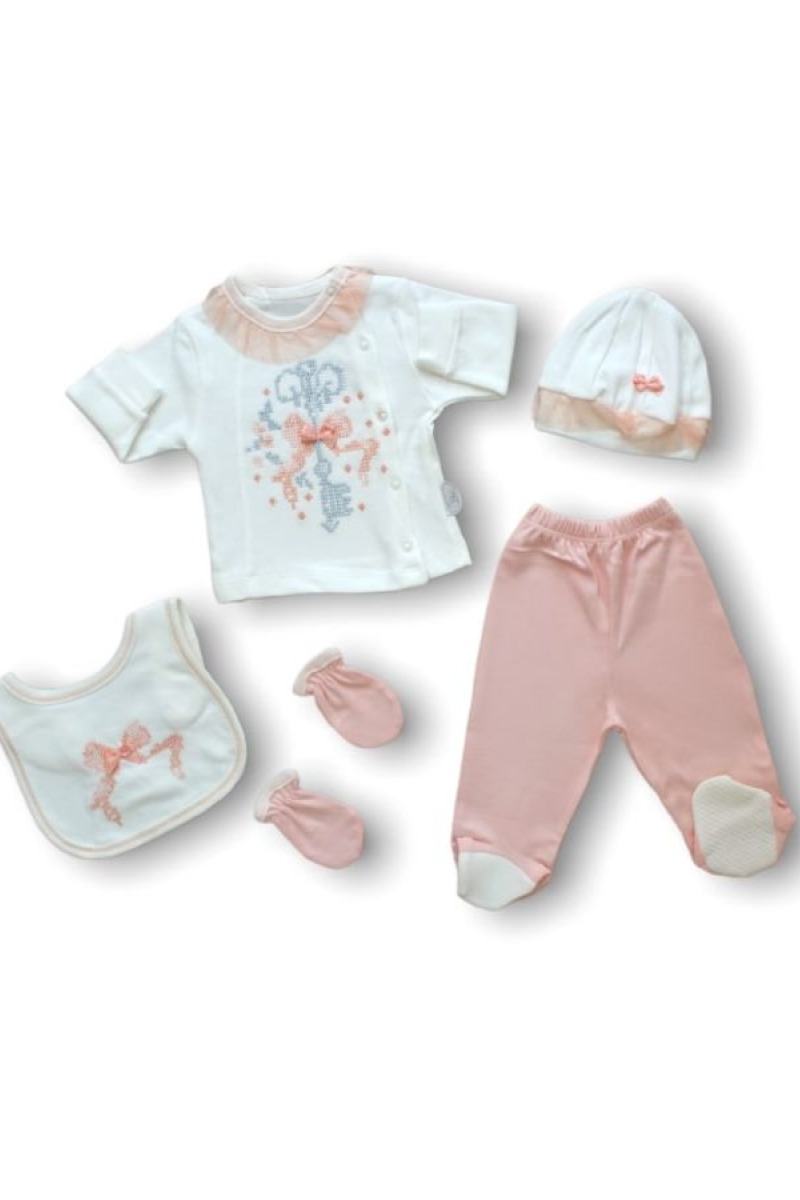 Kanaviçe Nakışlı %100 Cotton Antibakteriyel 5li Zıbın Takımı Hastane Çıkışı