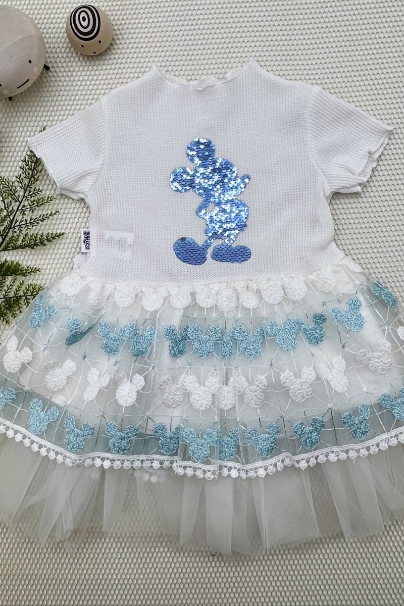 1-2-3 Yaş Payetli Mickey Baskılı Brode Etekli Kız Bebek Elbisesi