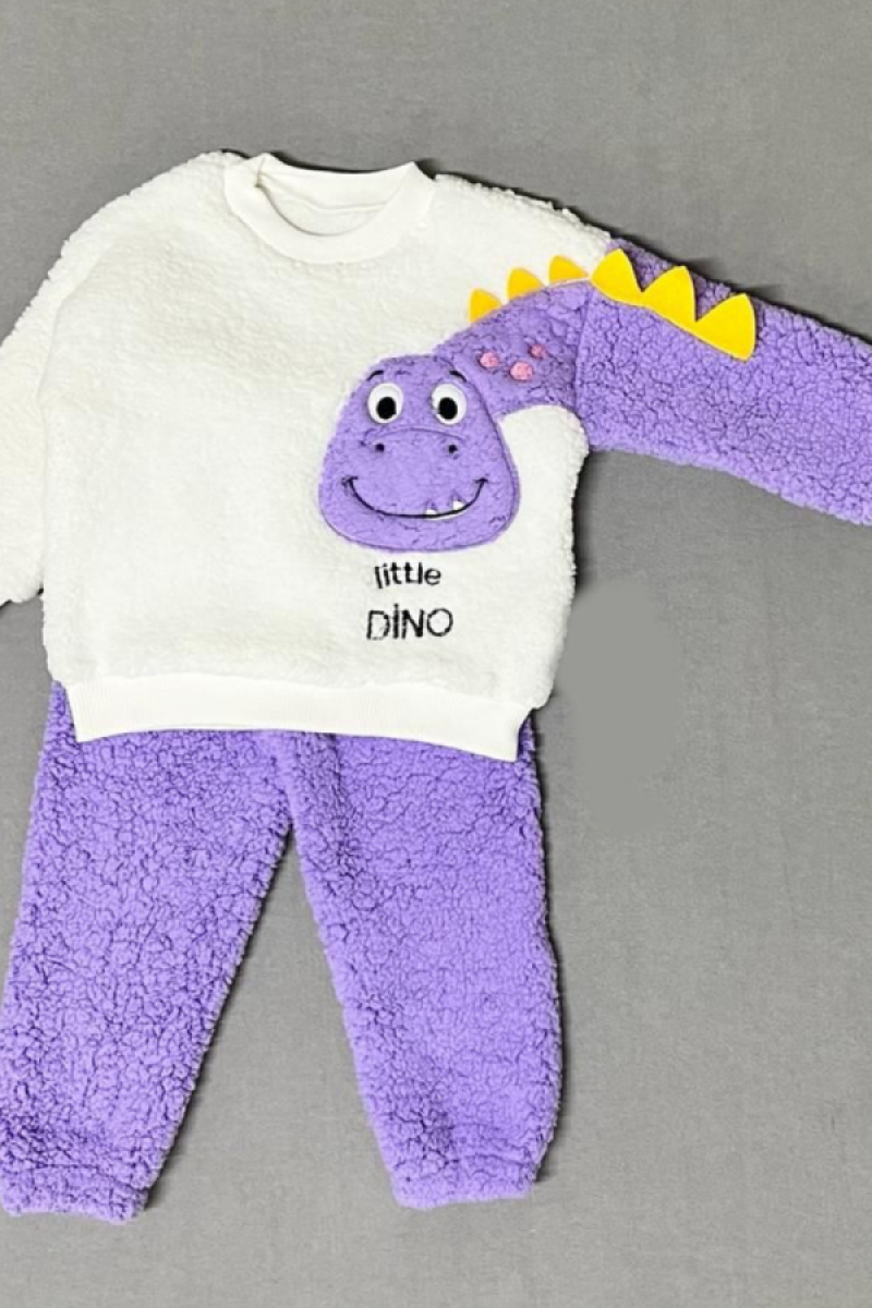 1-2-3 Yaş Minik Dino Kollu Kuzu Kumaş Sweat Pantolon Uzun Kollu Kız Erkek 2 Li Takımı