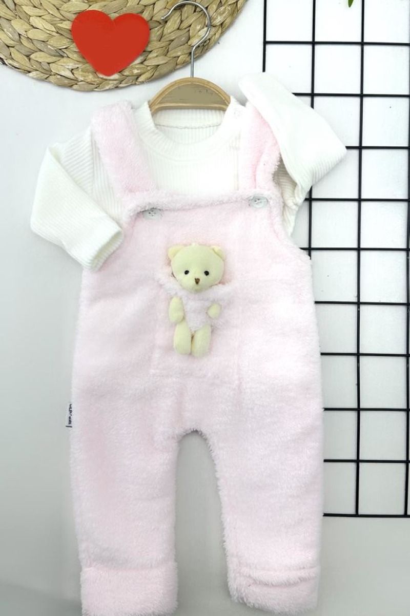 3-6-9-12 Ay Kuzu Tüylü Kumaş Ayıcıklı Önden Cepli İçi Sweatli 2li Kız Erkek Bebek Salopet