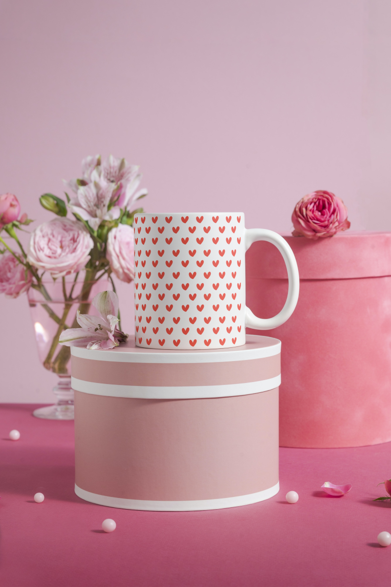 Sevgililer Günü Özel Hediye Kırmızı Kalp Desenli Seramik 350 Ml Kupa Bardak