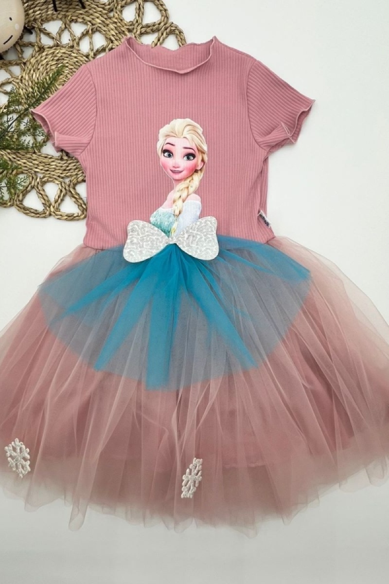 5-6-7 Yaş Elsa Desenli Fiyonklu Tül Etekli Astarlı Kısa Kollu Kız Çocuk Tütü Elbise