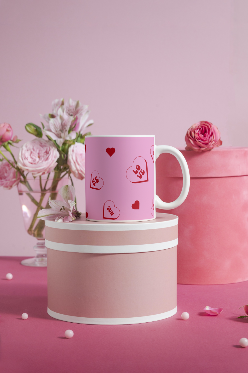 Sevgililer Günü Özel Seramik 350 Ml Kupa Bardak , Love Yazılı Pembe Temalı
