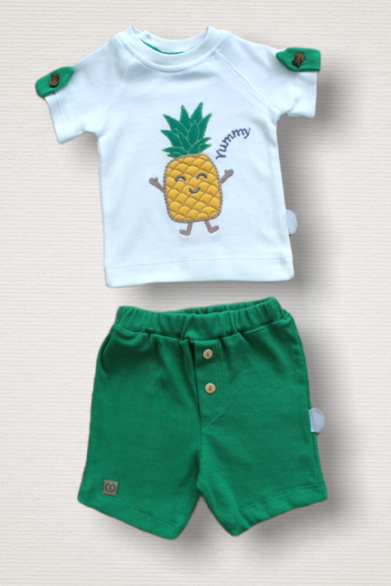 6-9 9-12 12-18 Ay Ananas Nakışlı Kısa Kollu Sweatli Şortlu 2li Kız-erkek Bebek Takımı