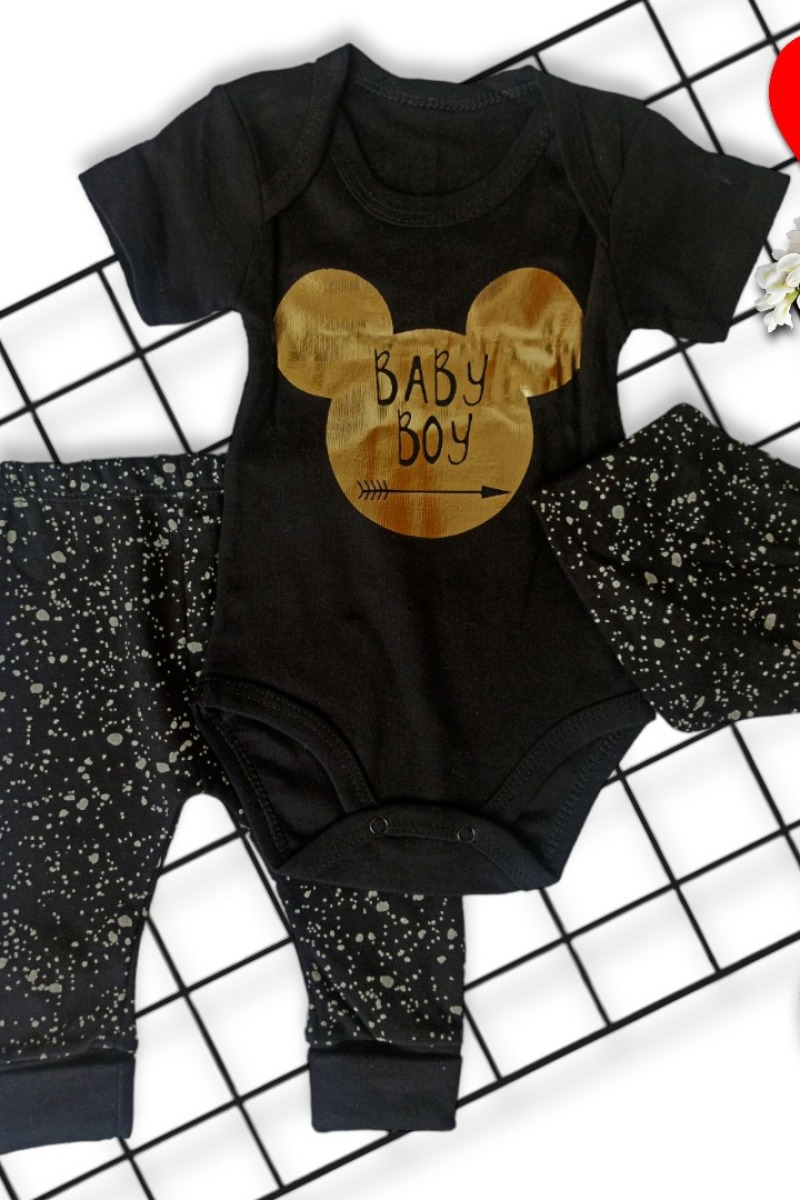 3-6-9-12 Ay Flarlı Mickey Baskılı Tişörtlü 3lü Kız Bebek Takımı