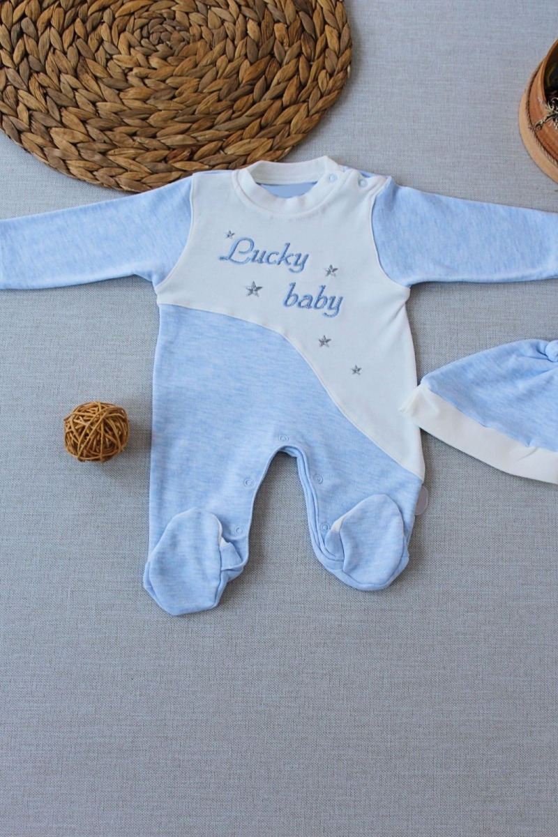0-3 3-6 Ay Lucky Baby Nakışlı Es Çizgi Boy Şapkalı Erkek Bebek Tulumu