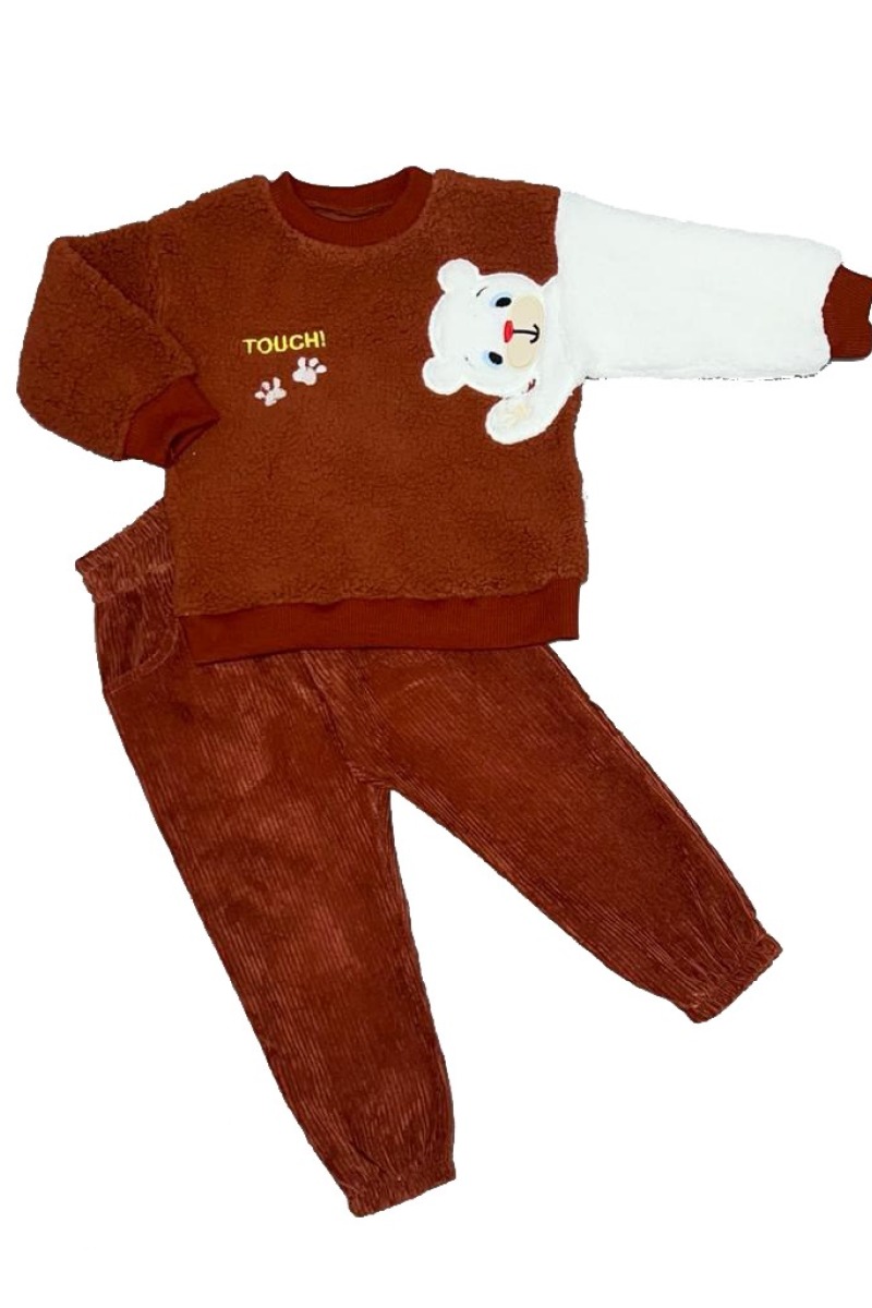 1-2-3 Ayıcık Kollu Kuzu Kumaş Sweat Kadife Pantolonlu Kız-erkek 2li Çocuk Takımı