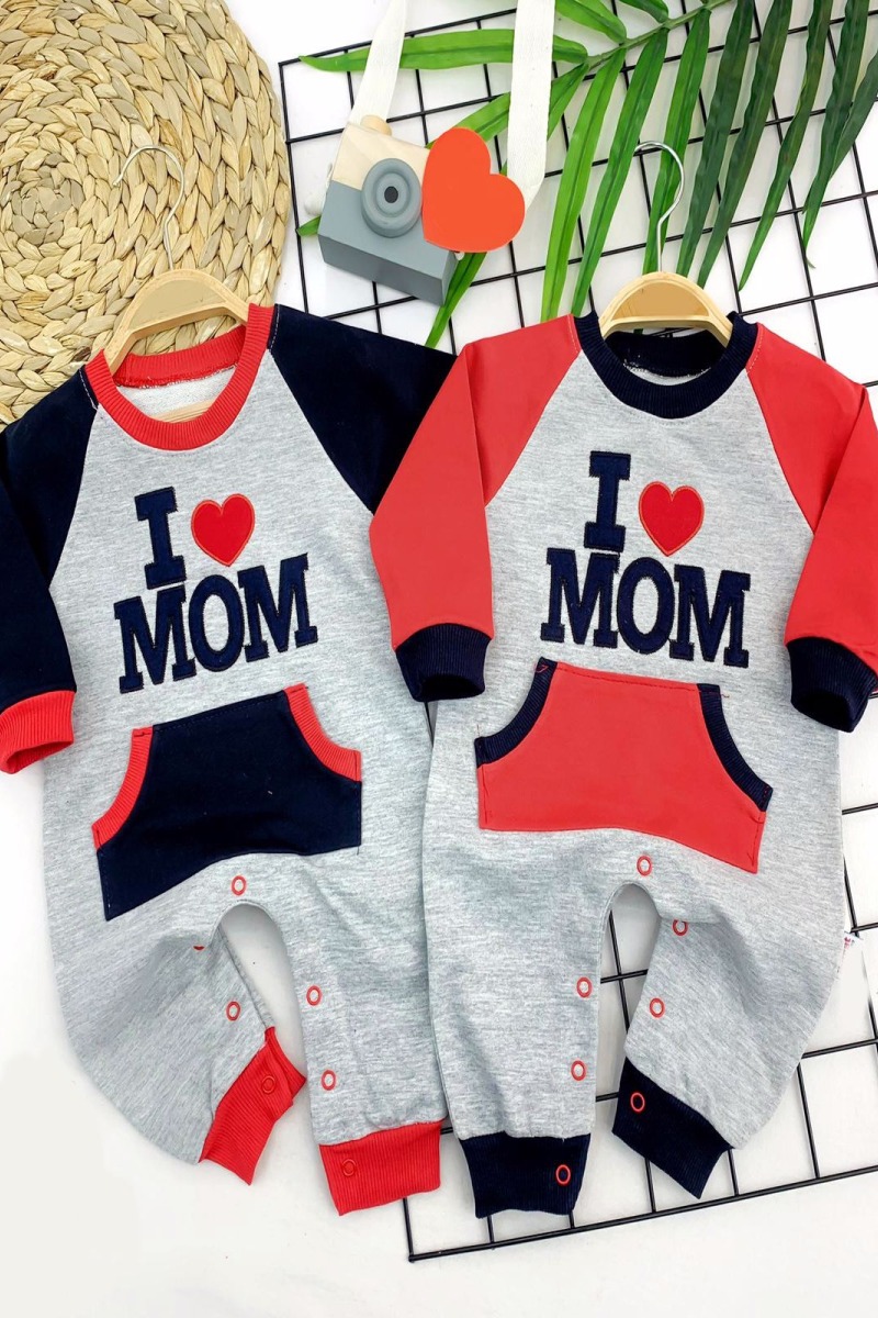 3-6-9-12 Ay I Love Mom Baskılı Cepli Kız Erkek Bebek Tulum