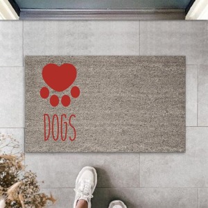 Dijital Baskı Gri Kırmızı Kalpli Dogs Dekoratif Kapı Paspası K-2073