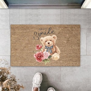Dijital Please Smile Ayıcık Bej Kapı Paspası Dış Mekan Paspas K-3175
