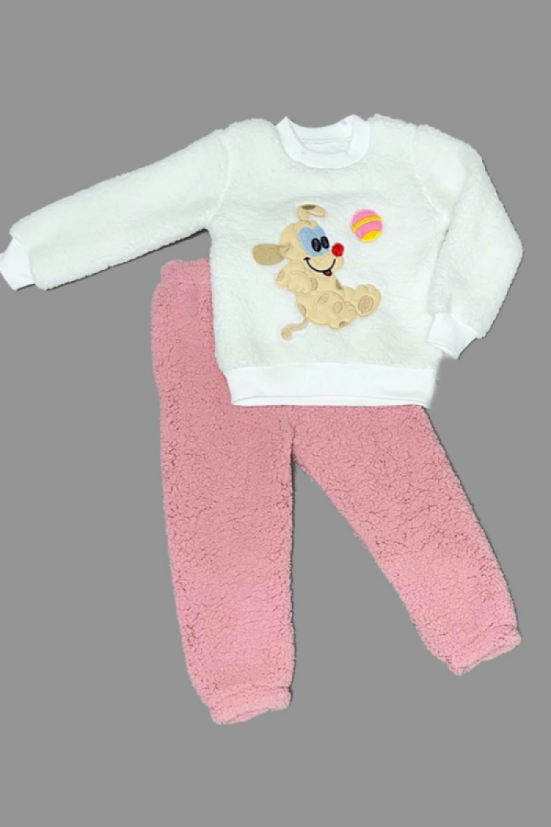 1-2-3 Yaş Toplu Köpek Nakışlı Kuzu Kumaş Sweat Pantolonlu Uzun Kollu Kız Erkek Bebek Takımı