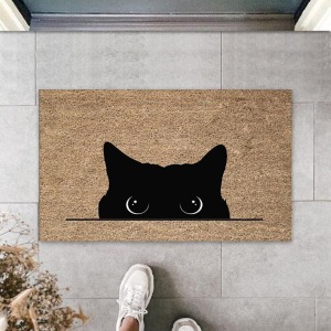 Dijital Kara Kedi Bej Kapı Paspası Dış Mekan Paspas K-3185