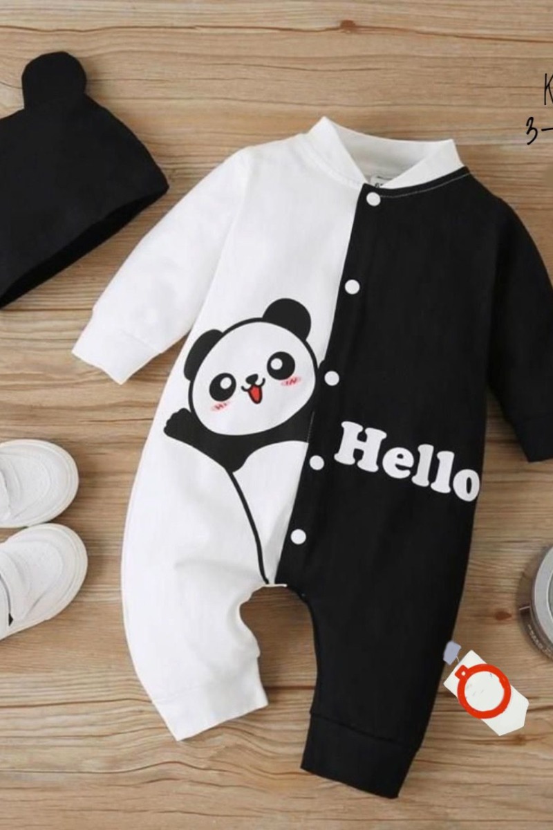 3-6-9-12 Ay Kulaklı Şapkalı Hello Panda Baskılı Çıtçıt Kapama Kız Erkek Bebek Tulumu(ayakkabısız)