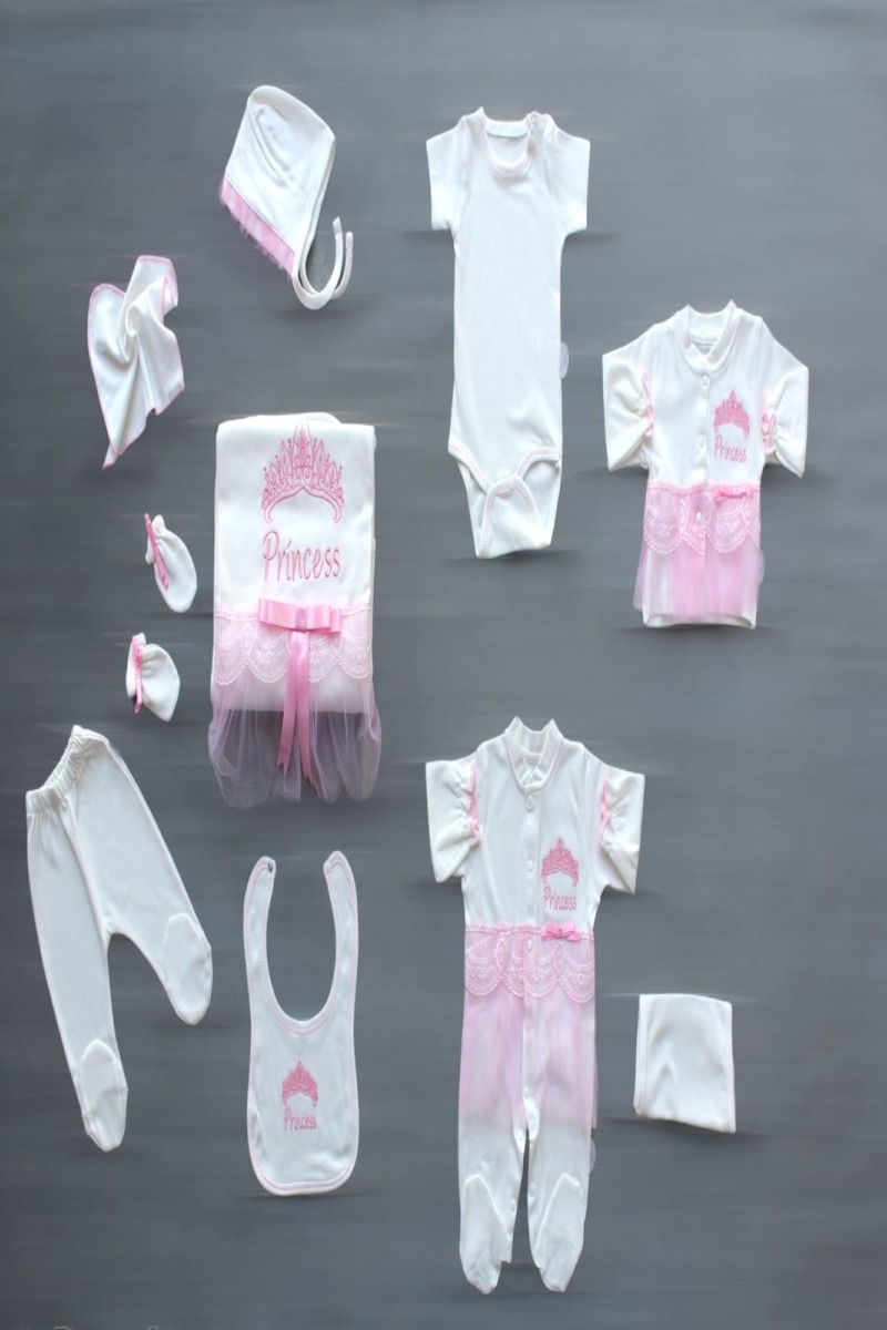 Taçlı Prensesim Nakışlı %100 Cotton Antibakteriyel 10lu Zıbın Takımı Hastane Çıkışı